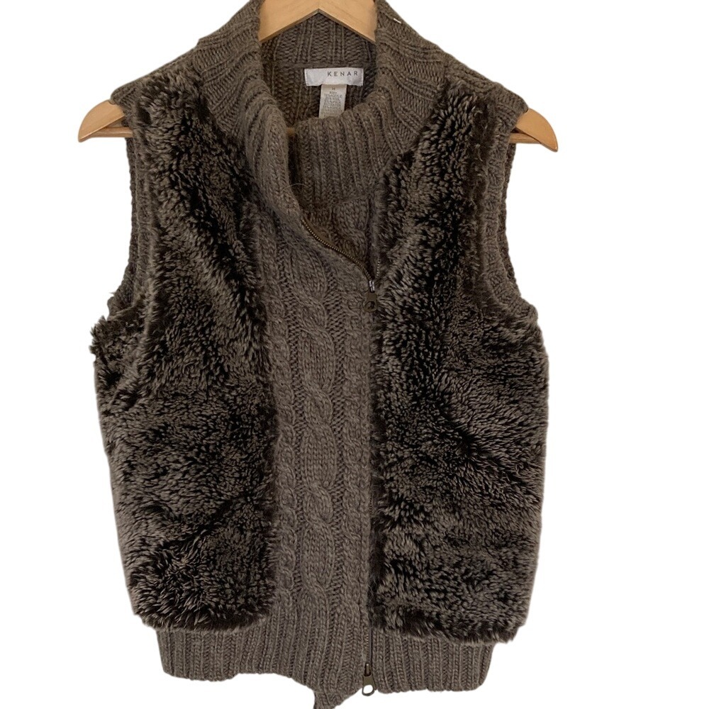 Kenar Womens Taupe Faux Fur Knit Vest Size M Wool Alpaca Cable Knit Mob Wife